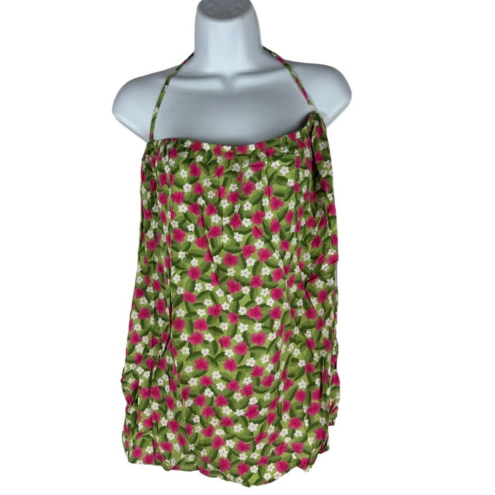 Sag Harbor Petite Halter Neck Top PM Medium Floral Print Pink & Green Rayon
